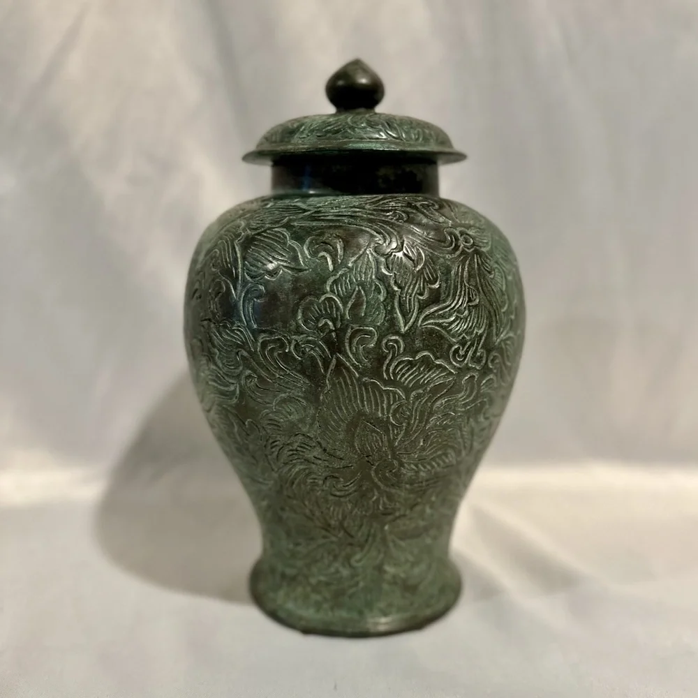 Vintage Maitland Smith Bronze Ginger Jar Green Asian Temple Jar